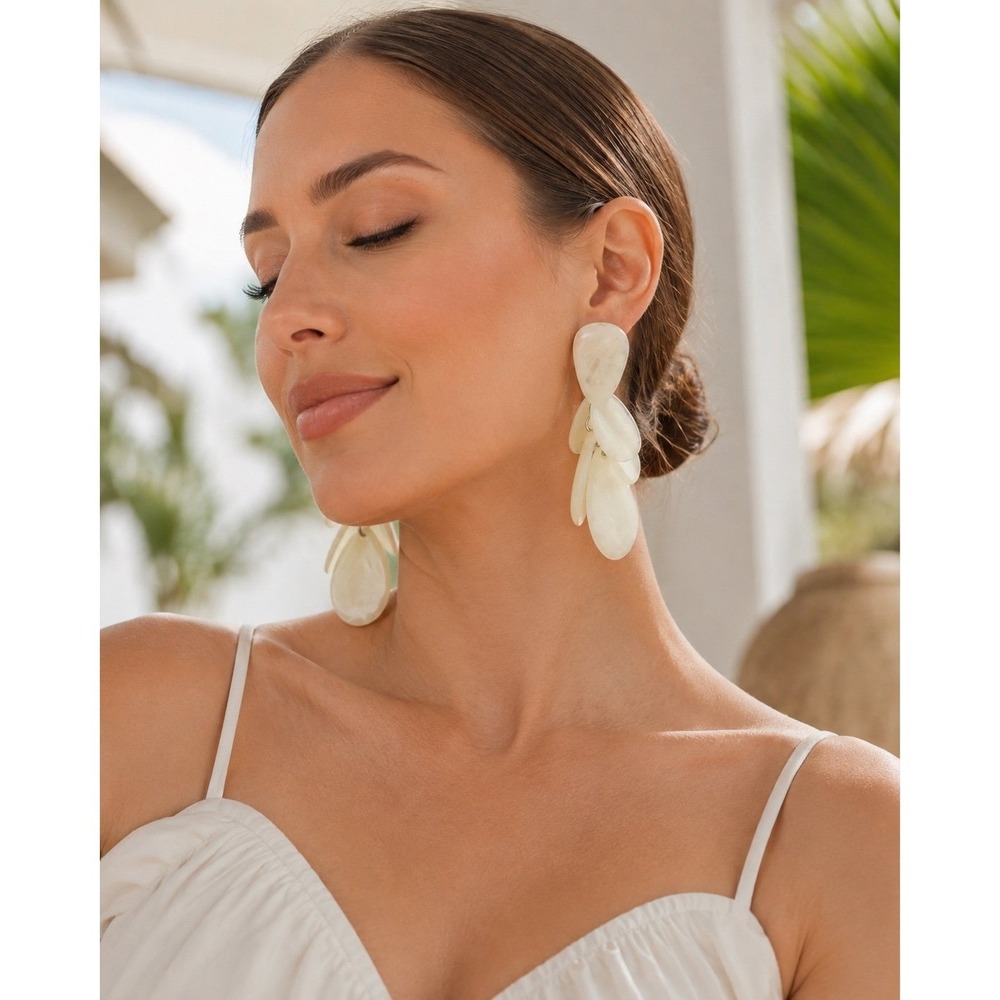 NWT Ivory Resin Tropical Statement Drop Earrings Stainless Steel
